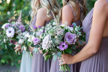 Bridesmaids hold wedding flowers, adding elegance to a bridal setting