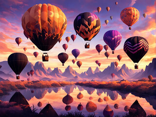 Obraz premium Fantasy hot air balloons at sunset in the sky design. 