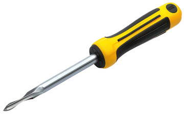Yellow and black flathead screwdriver with ergonomic handle isolated on white background. Tool for repairing and tightening screws.