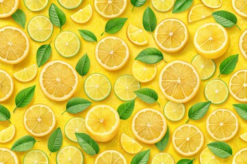 Seamless lemon pattern with slices and leaves on a bright yellow background, showcasing vibrant citrus colors and textures.
