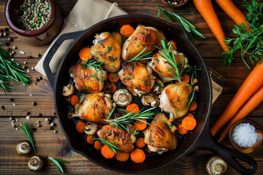 Top view of rustic chicken with carrots and mushrooms in cast iron pan on wooden table, food photo for social media, real photography --ar 125:83 - Powered by Adobe