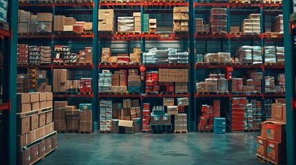 A well-organized warehouse interior featuring tall shelves stacked with various cardboard boxes and packages, ready for storage and distribution.