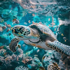 Obraz premium turtle swimming underwater photography style Made, turtle drawing