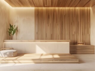 Bathroom with wooden ceiling and white bathtub, suitable for interior design or home decor use