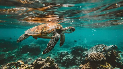 Obraz premium turtle swimming underwater photography style Made, turtle drawing