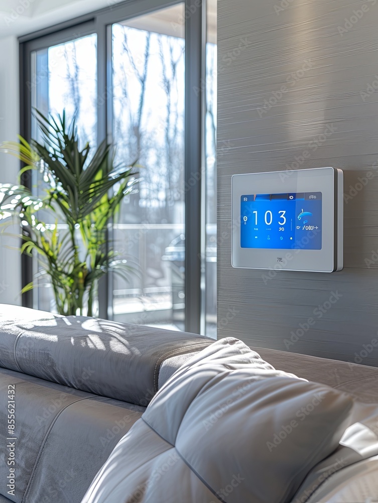 Poster a sleek smart thermostat mounted on a wall in a modern living room, displaying the current temperatu