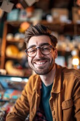 Obraz premium A person wearing glasses sits at a table, ready to work or study