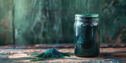 A jar of green powder sits on a table