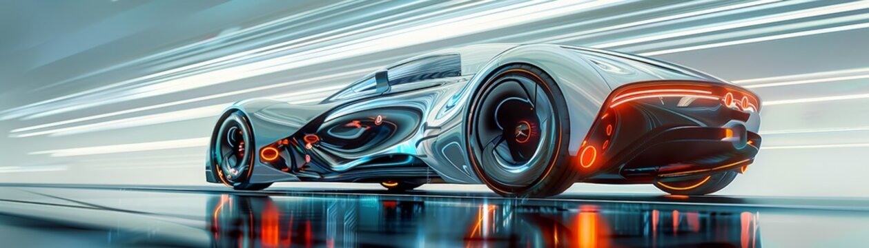 A high-tech electric sports car with a sleek, aerodynamic design and dynamic lighting effects, captured in motion.