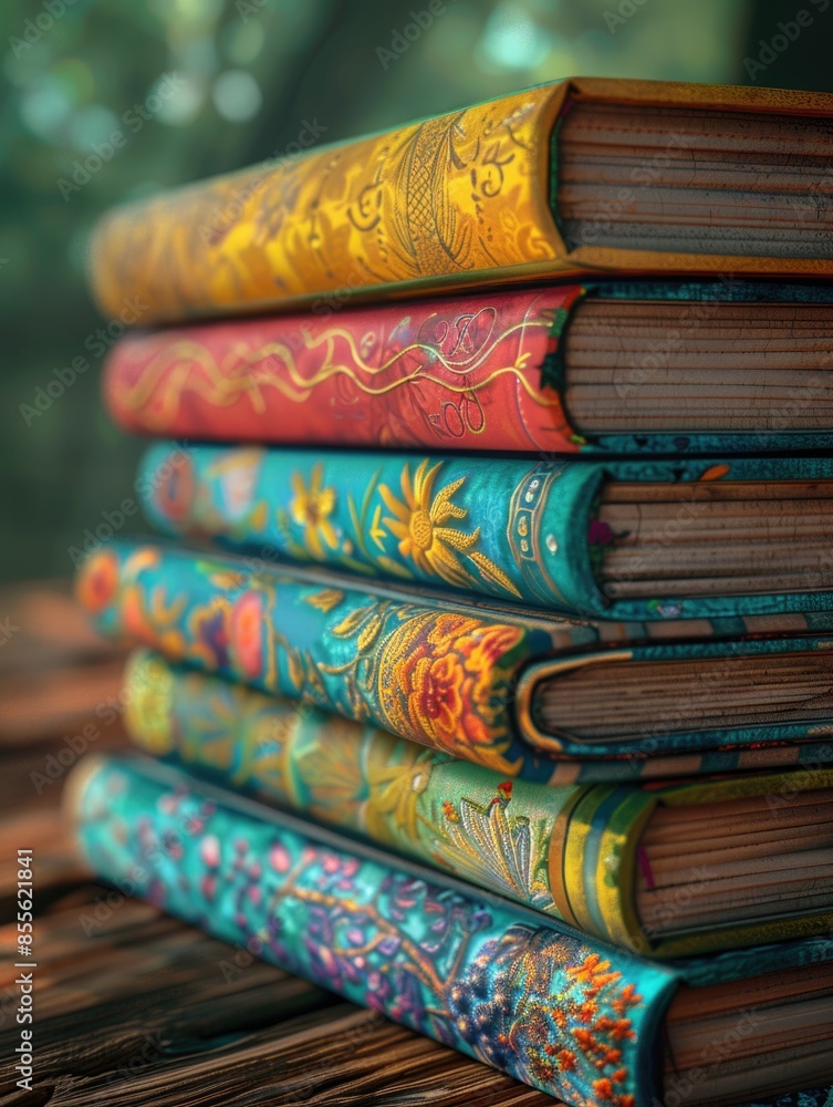 Poster stack of books on a wooden table with a rustic background
