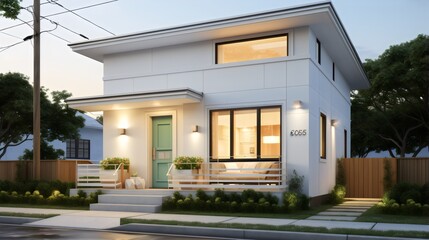 Contemporary White Siding Cottage with Turquoise Door in Suburban Neighborhood
