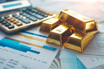 Gold bars on financial documents with a calculator in the background