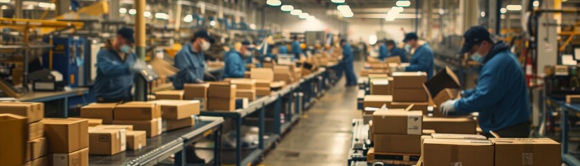 Fototapeta premium Workers in a modern warehouse sorting and packaging boxes on a conveyor belt, showcasing a busy industrial environment.