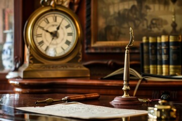 Professional Photography of a classic themed office with a brass clock and an antique letter opener, Generative AI