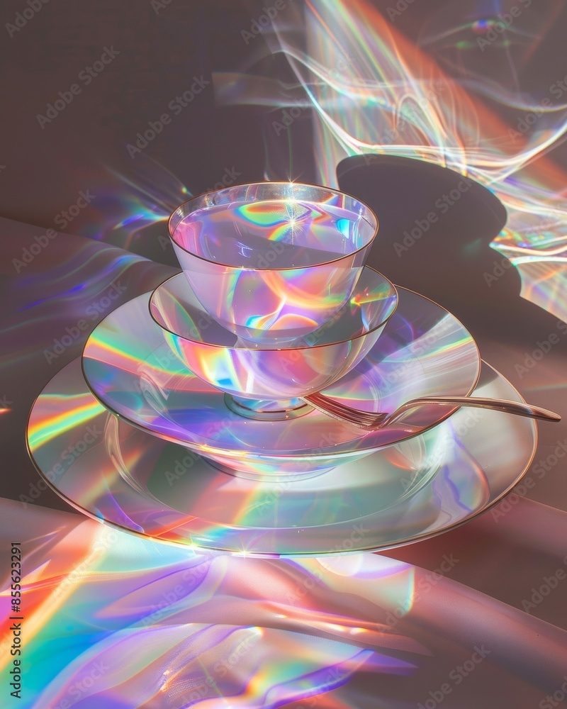 Wall mural an abstract composition featuring a holographic display of light and shadow on a dish, creating a fu