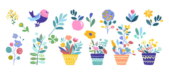 Bright and playful folk vector illustration folk Potted plants, flowers and bird. Spring themed designs poster Greeting cards Home decor, Includes fresh vibrant colors whimsical elements