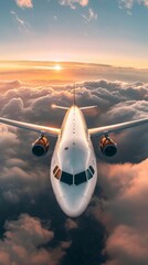 Commercial airplane flying above dramatic clouds during sunset.
