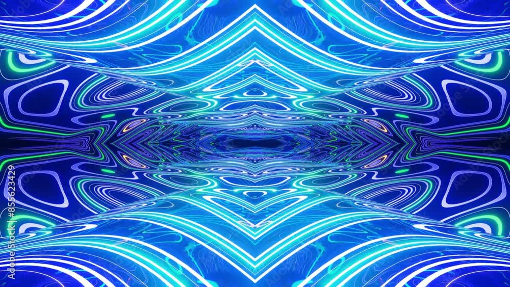 Poster 4k seamless looped animation. fly through mirror symmetrical tunnel with neon pattern, sci fi glow p