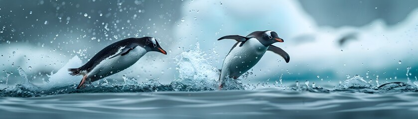 Naklejka premium Energetic Penguins Diving into the Icy Ocean with Icebergs in the Background