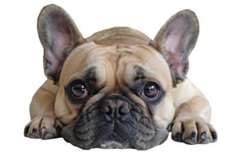 A cute French Bulldog lying down with a sad expression on a white background, isolated and ready for use in your design projects.