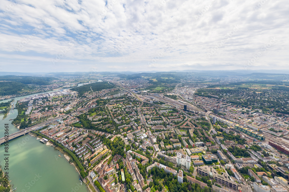 Wall mural basel, switzerland. panorama of the city. rhine river. summer day. aerial view - Wall murals