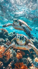 Fototapeta premium Playful Sea Turtles Swimming Through Vibrant Coral Reef in Clear Ocean Water