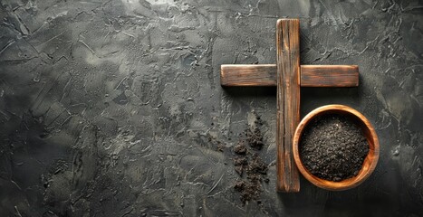 Wooden cross and bowl of ash symbolizing Christian faith, redemption, and the significance of Ash Wednesday