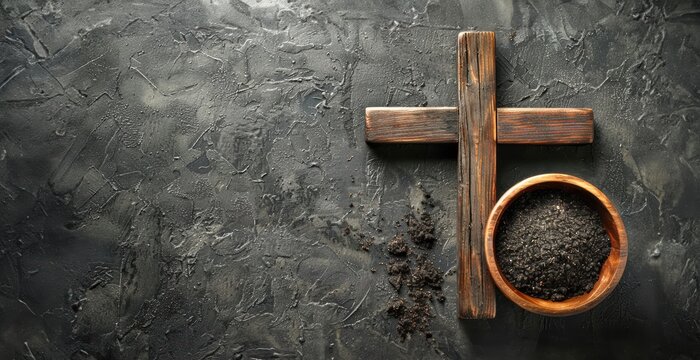 Wooden cross and bowl of ash symbolizing Christian faith, redemption, and the significance of Ash Wednesday