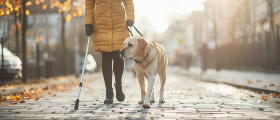Visually impaired individual walking with guide dog and white cane, embracing independence and safety in the city