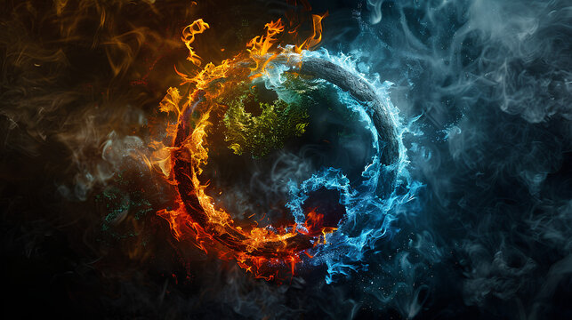 The four elements of nature in a breathtaking creative design. All four elements forming a circular shape. Earth, wind, fire, air, water. Dramatic dark background emphasizing the elements in the cente