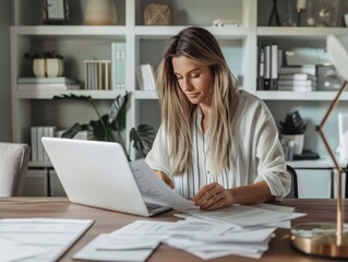 Professional Businesswoman Reviewing Documents in Stylish Home Office Setting
