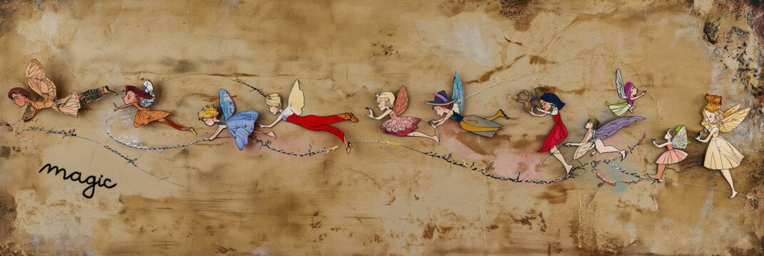 Paper-cut fairies parade with the word Magic.