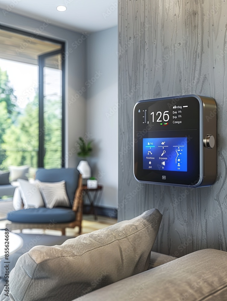 Poster a sleek smart thermostat displaying current temperature, weather conditions, and control options, mo