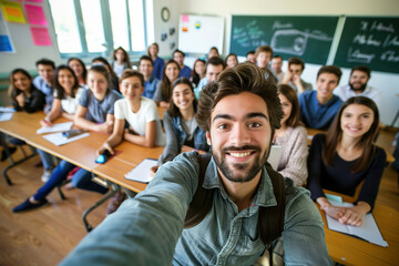 Teacher holds camera for selfie everyone is smiling, positive and inclusive learning environment. Diverse multiracial high school erasmus students posing with teacher in classroom. 