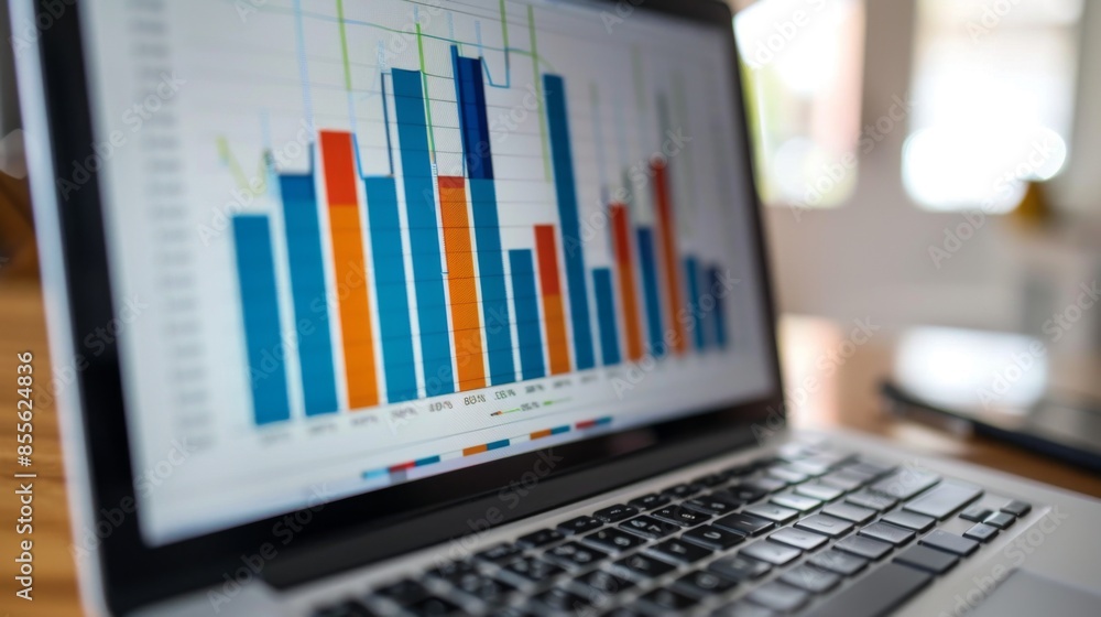 Aufkleber a bar chart on a laptop screen displaying quarterly financial results with percentages and dollar am