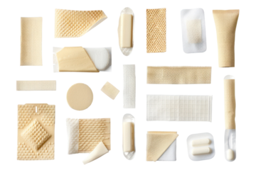 Various types of medical bandages and plasters arranged in a grid pattern on a white background.