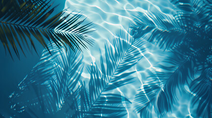 Tropical leaf shadow on water surface. Shadow of palm leaves on white sand beach. Beautiful abstract background concept banner for summer vacation at the beach
