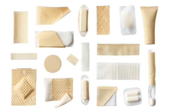 Various types of medical bandages and plasters arranged in a grid pattern on a white background.