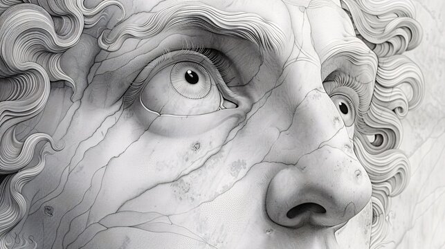 Intricately carved vintage visage - print. Linear design (filigree) of old Hellenistic image (portrait of a man's face up close). Digital illustration for cover 