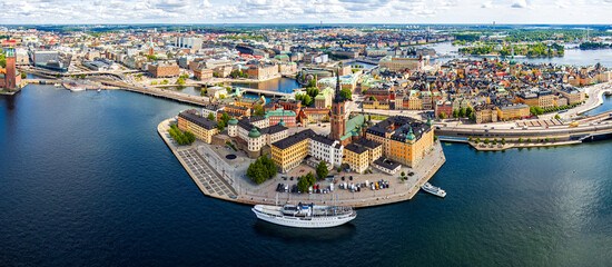 Stockholm, Sweden. Riddarholmen. Panorama of the city in summer in cloudy weather. Aerial view