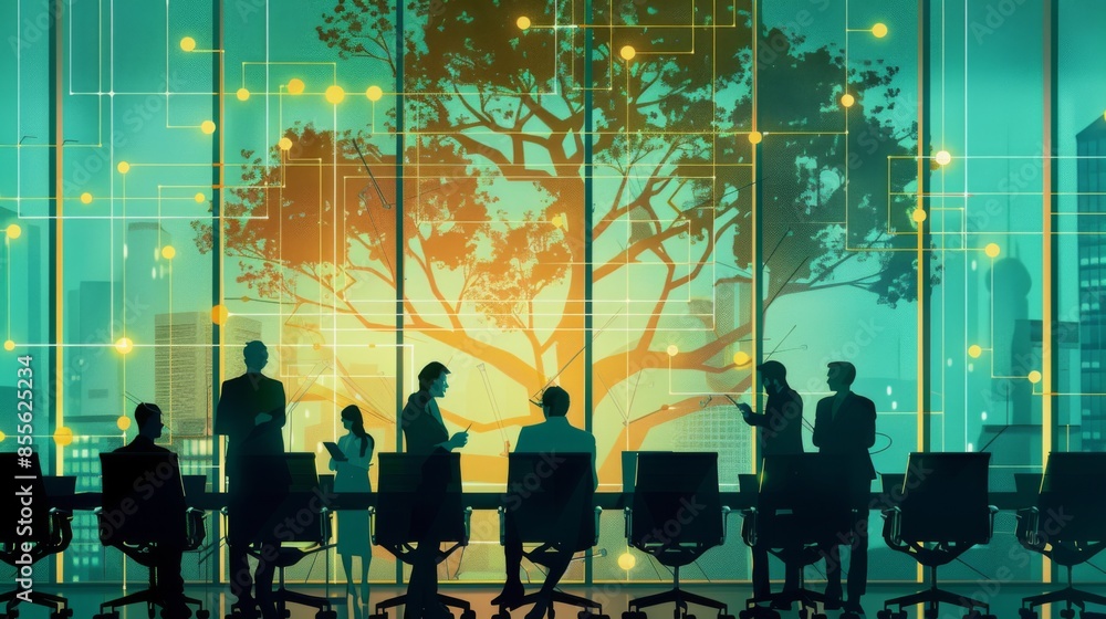 Fototapete A boardroom with executives studying a tree diagram showing hierarchical structure and organizational relationships