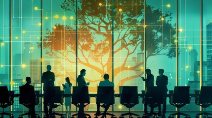 A boardroom with executives studying a tree diagram showing hierarchical structure and organizational relationships