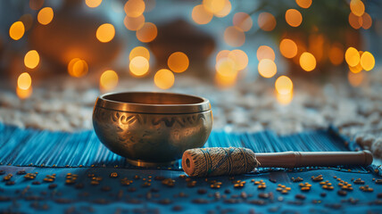 singing bowl and wooden mugurata stick on a blue yoga mat, with a blurred background