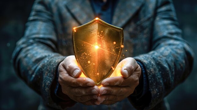 Glowing shield in the hands of a businessman, illustrating the importance of protection and cybersecurity in business