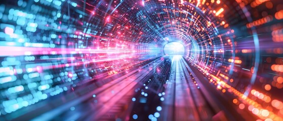Obraz premium Futuristic data tunnel with vibrant lights, showcasing the power of quantum computing technology