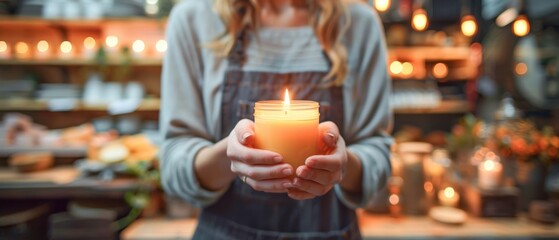 Female small business owner holding her handcrafted candle, emphasizing creativity and entrepreneurship