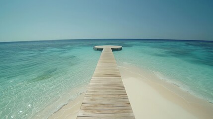 Fototapeta premium Island podium connects to beach via wooden walkway