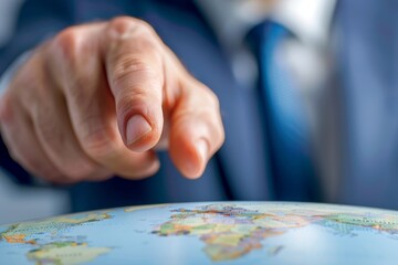 Fototapeta premium Close up of a finger pointing at a map on a globe