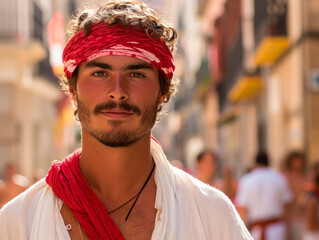 Participant of San Fermin, 4 July dressed in the traditional white outfit with a red sash and bandana at street of Pamplona
