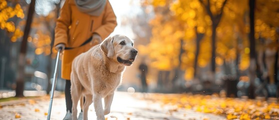 Blind individual walking with guide dog, using white cane, safety and independence, city life